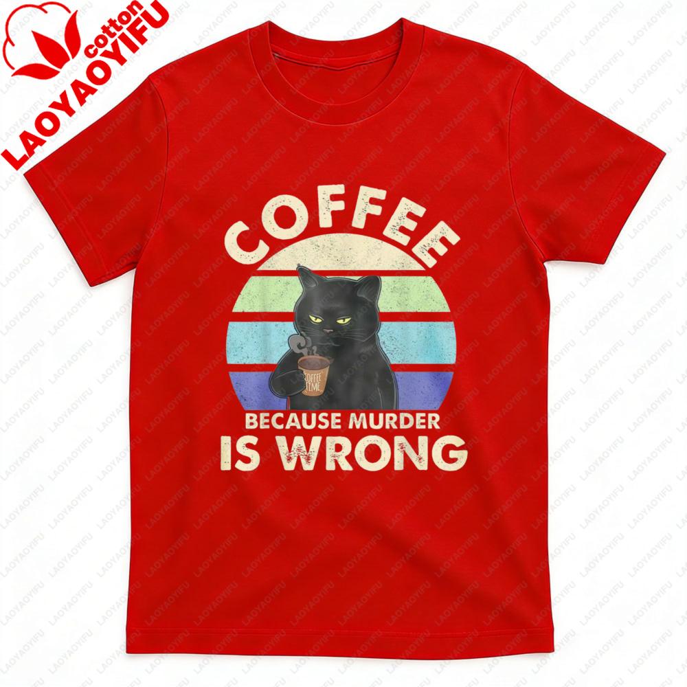 Coffee Cat Vintage Print Summer Casual Men TShirt Cotton Short Sleeve Tops Fashion Top Gift for Coffee Lovers Clothes