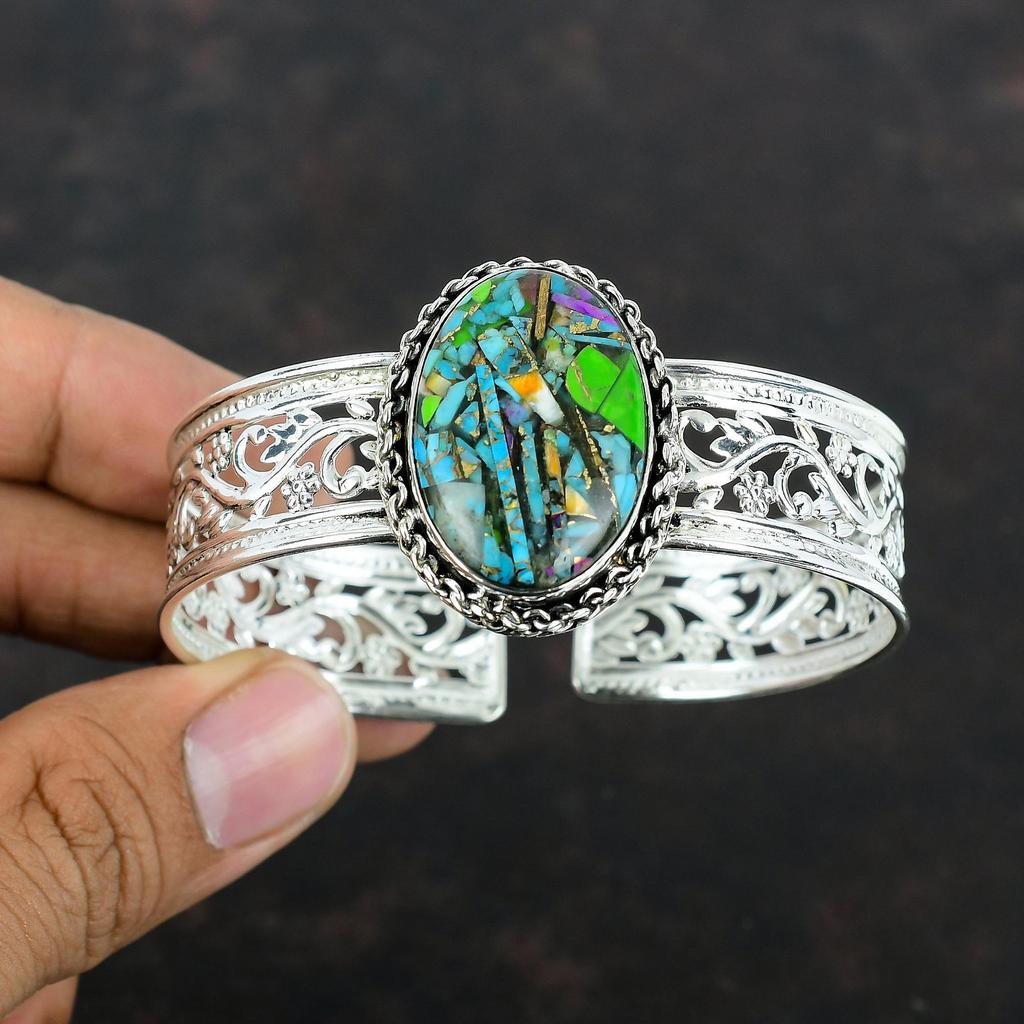 Fiesta Kingman Turquoise Cuff Bracelet Multi Copper Turquoise Bangle 925 Sterling Silver Adjustable Bangle Handmade Genuine Gemstone Jewelry
