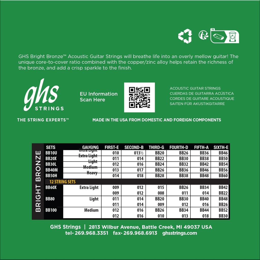 Ghs Акустические гитарные струны Bright BB40M, Бронза, Средние, 13-56,