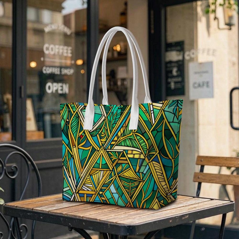 Green Yellow Geometric Print Tote Bag Casual Large Capacity Handbag for Daily Shopping Commute