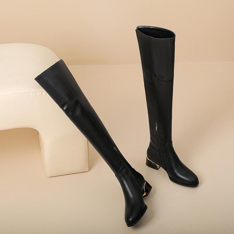 Krazing Pot Микрофибра из коровьей кожи Круглый носок Средний каблук Ботфорты выше колена Размер 46 Размер 45 Слипоны Большой размер Женские Сохраняют тепло Длинные сапоги