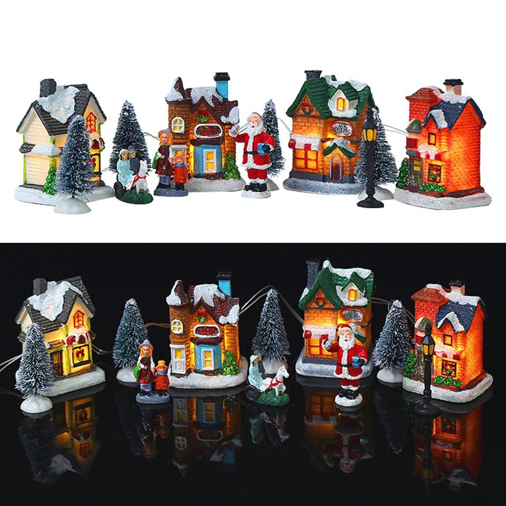 Christmas Village Set Resin Christmas Scene Village LED Lighted Miniature Houses Town Christmas