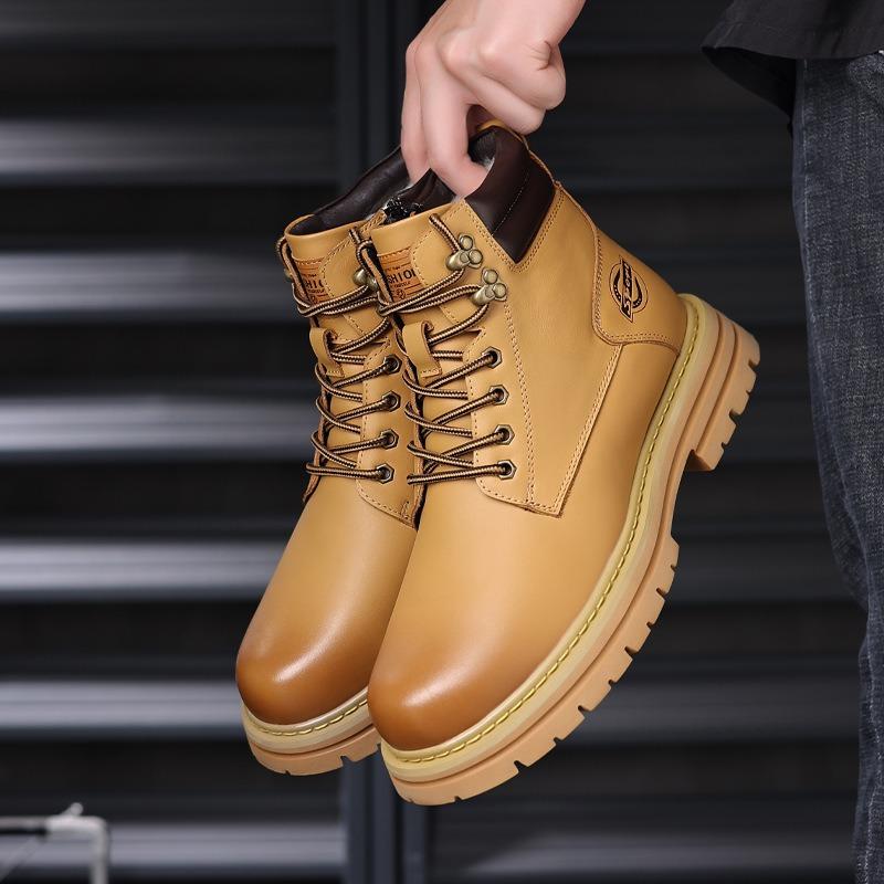 First layer cowhide men's rhubarb boots genuine leather wool Martin boots velvet warm outdoor men's fashion men's shoes boots