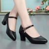 Soft Leather Medium Heel Shoes with Buckle Straps for Work and Dancing with Cheongsam, Suitable for Middle-Aged Women, Black Soft Soles for Autumn.