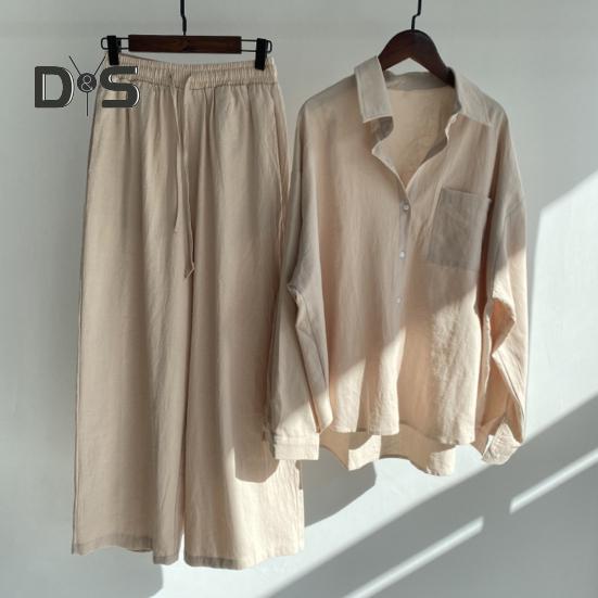 Женский комплект из двух предметов: рубашка с длинным рукавом и застегнутая на пуговицы рубашка с широкими брюками повседневный хлопковый домашний костюм на весну и лето