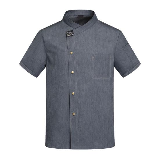 Unisex Stand Collar Short Sleeve Chef Uniform Solid Color Single Breasted Patch Pocket Restaurant Bakery Waiter Uniform