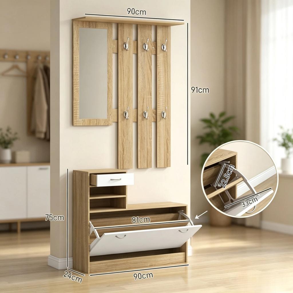 Hallway coat rack furniture with coat hook panel, mirror and shoe bench, 6 hooks and adjustable shelf (only with hallway coat rack furniture)