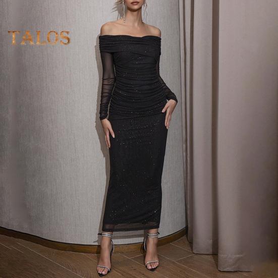 Женское вечернее платье с открытыми плечами, длинными рукавами, сетчатое, пэчворк, плиссированное, с крестом, бандо, облегающее, для выпускного, свадьбы, вечеринки, коктейльного макси-платья