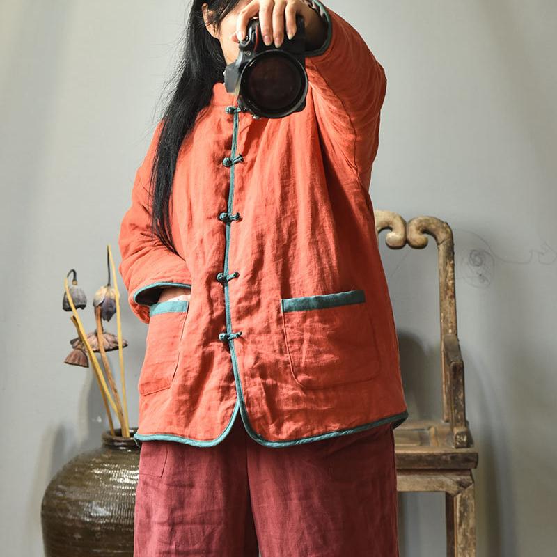 Johnature Women Chinese Style Parkas Cotton Linen Button Stand Long Sleeve Coats Winter Solid Color Warm Loose Parkas