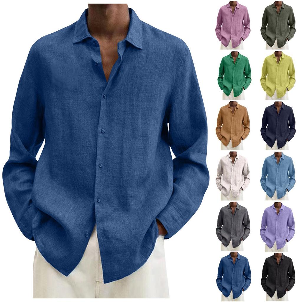 Designer Spring Summer Men's Casual Cotton Linen Solid Color Long Sleeve Shirts Loose Shirts