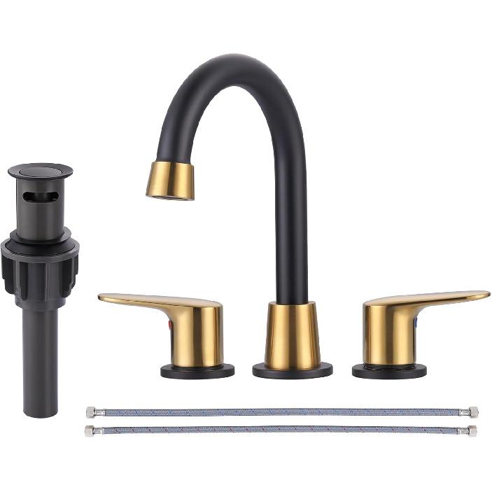 2 Handle 3 Holes Widespread Bathroom Faucet, Bathroom Sink Faucet with Copper Pop Up Drain, Black & Gold Lavatory Faucet Swivel Spout with Drain