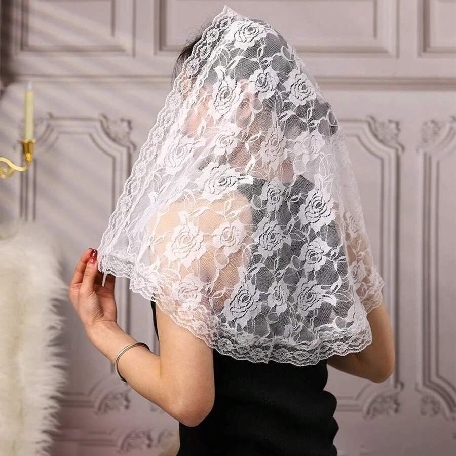 Белый женский кружевной шарф для церкви, молитвенная шаль, вышитая кружевная вуаль, цветочные христианские покрывала, испанская мантилья, церковная подвеска