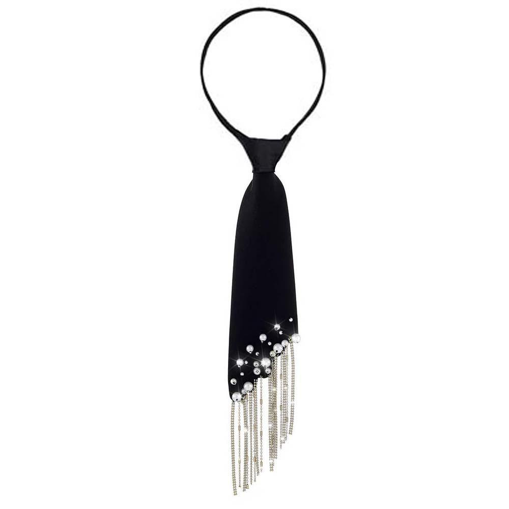 Korean Style Pearls Tie Black Decoration Shirt Tie Elegant Hand-beaded Long Necktie Students