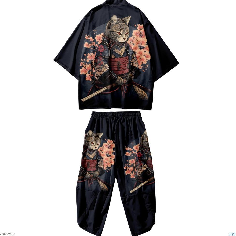 Кардиган в национальном стиле с изображением журавля, плащ-костюм, 3D-печатный дракон, тотем, укиё-э, кот, брюки-кимоно, халат