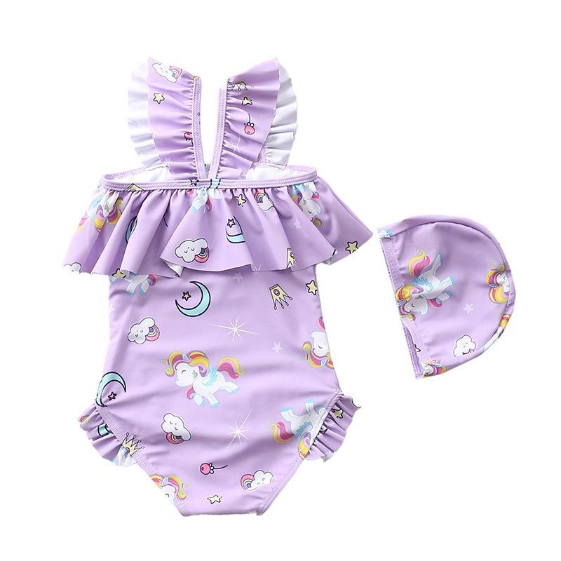 Купальники с рюшами для маленьких девочек Пляжная одежда принцессы с шапочками для плавания