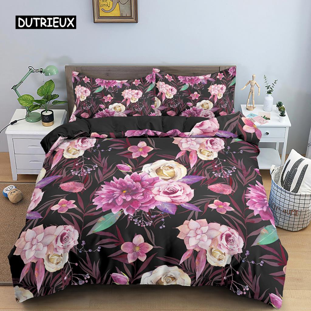 Пододеяльник с цветами King Queen, 3D-цветной цветочный принт, комплект постельного белья из полиэстера для подростков, взрослых, женщин, мягкий пододеяльник с листьями