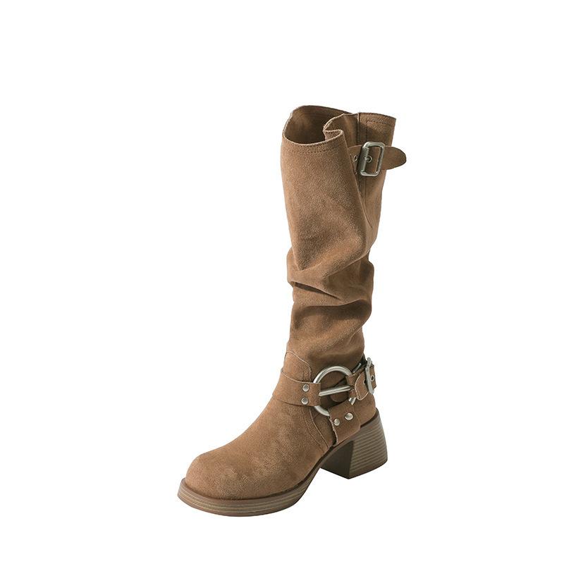 Новые замшевые плиссированные ботинки-чулки с толстой голенью, женские, лето 2025, новые, с металлической пряжкой, в западном стиле, на толстом каблуке, длинные