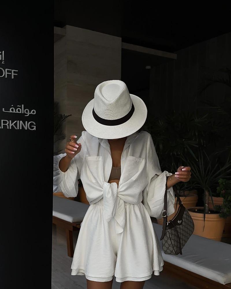 Женская летняя повседневная однотонная рубашка с рукавами-пузырьками, комплект с широкими шортами и темпераментом