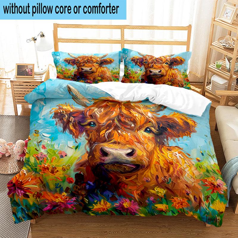 Cow In Flower Field 3pcs Bedding,Including 1pc Duvet Cover And 2pcs Pillowcases Perfect for Christmas,Ideal for Bedroom, Dormitory