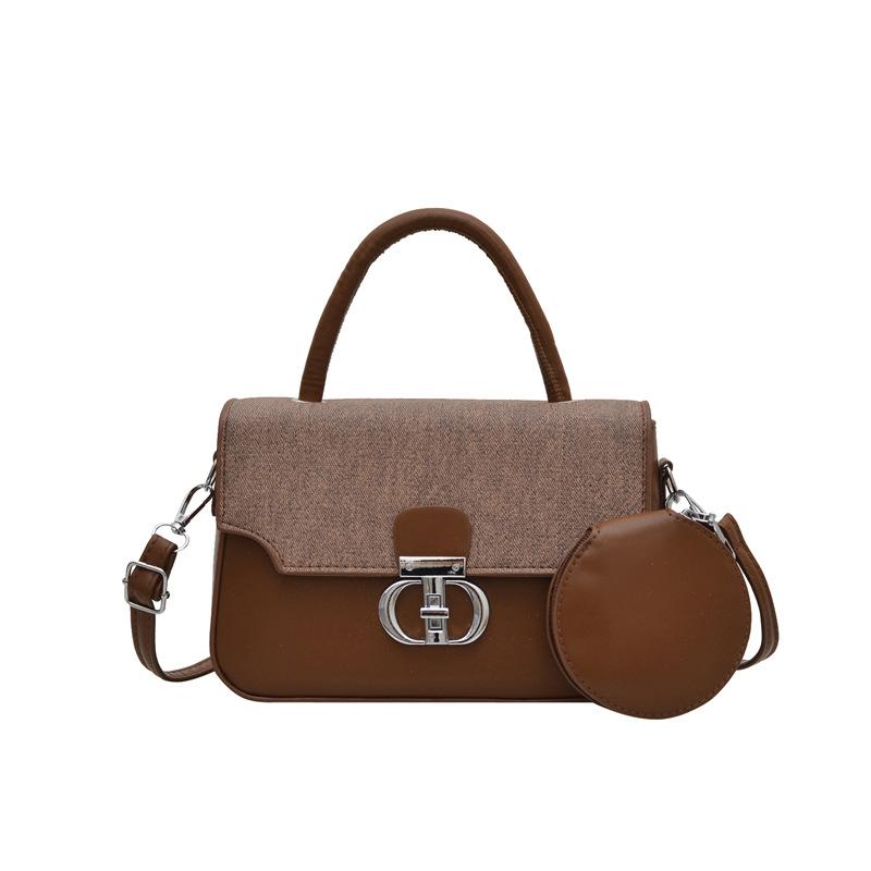 Vintage color-blocking texture lock buckle bag for women, new style for elegant commuting, handheld, shoulder crossbody, small square bag