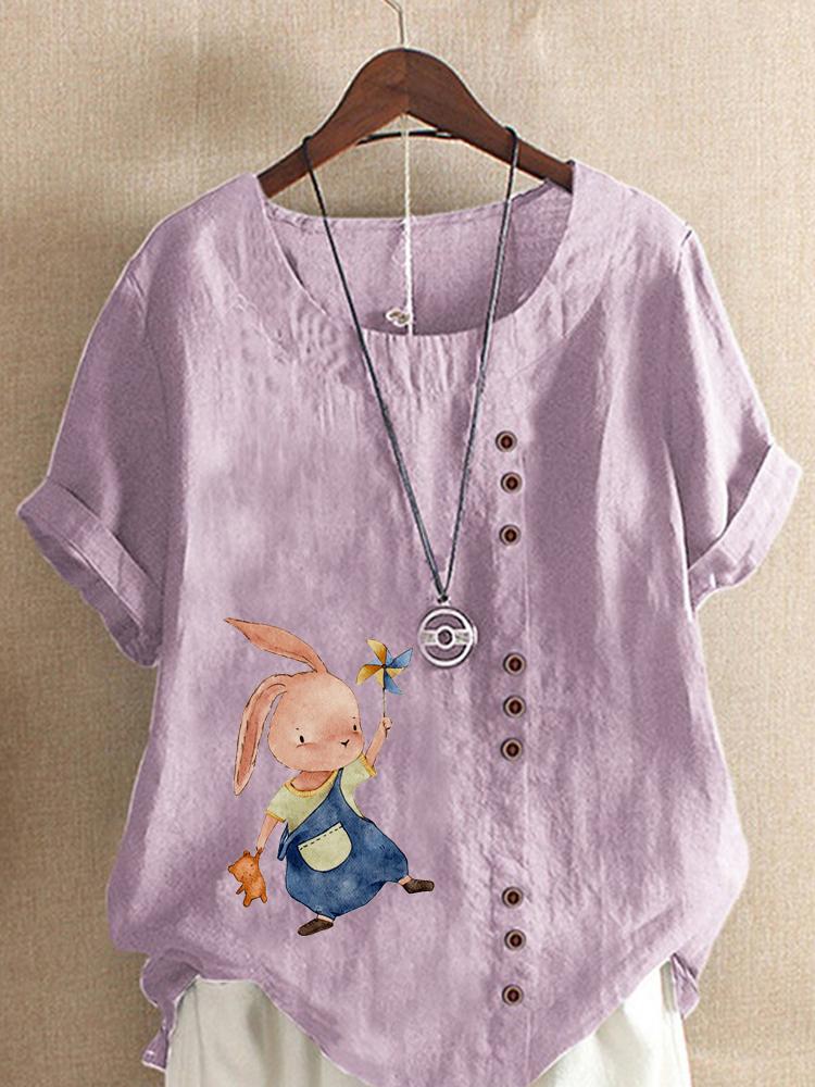 Women's Fashion Fashionable Rabbit Print Shot Sleeve T-shirt Loose Cotton Shirt Casual Loose Summer Blouse Tops Plus Size