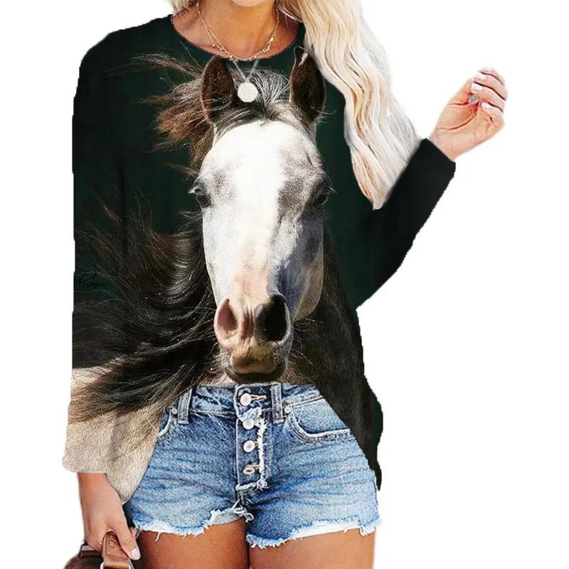 Толстовки с принтом в виде головы лошади с 3D-принтом, топ с длинным рукавом для женщин, новая весенняя одежда, толстовка с круглым вырезом, повседневная свободная женская одежда