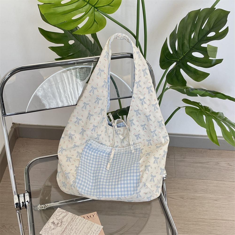 Fairy Bowknot Vest Bag Large Capacity Canvas Tote Bag Casual Floral Plaid Shoulder Bag  Outdoor