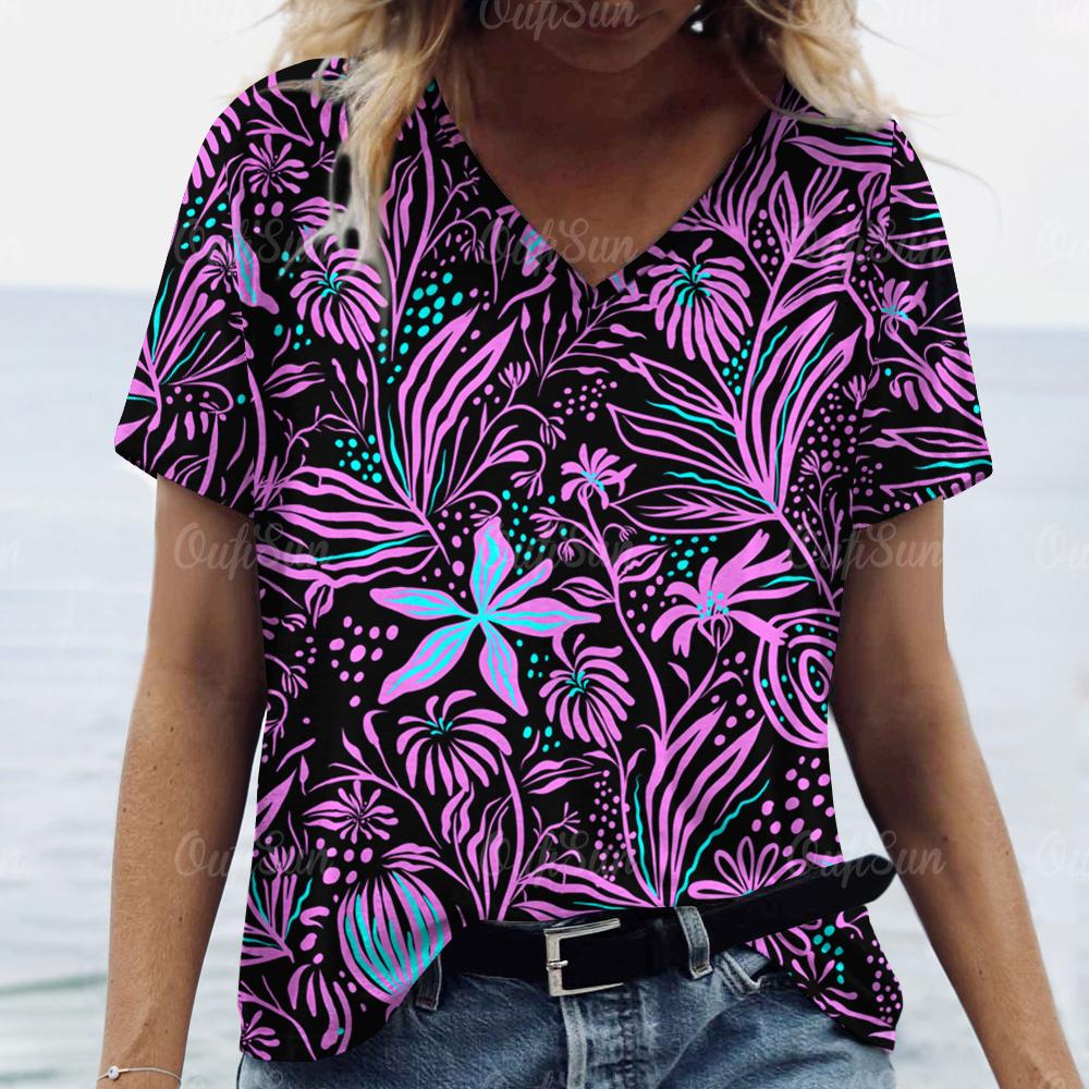 2024 Футболка для женщин Топы с цветочным принтом Женская свободная одежда Футболки Летние топы с V-образным вырезом Рубашка Футболки оригинального дизайна