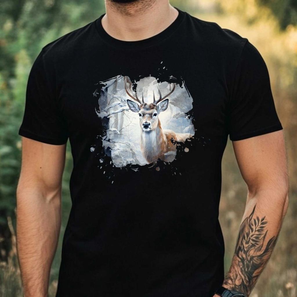 T-Shirt Herren Hirsch im Verschneiten Wald Motiv Baumwolle Größe XS bis 5XL