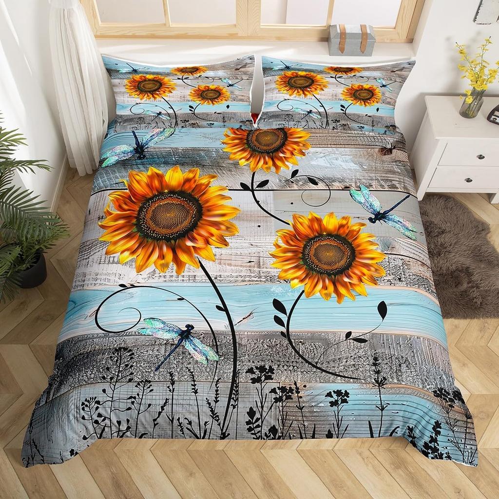 Rustic Farmhouse Bedding Sets Queen Country Butterfly Sunflower Duvet Cover Retro Barn Door Comforter Cover Cabin Lodge Bed Set