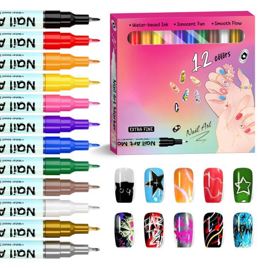 12/24 Colors Nail Art Pen Set Quick Dry Graffiti Nail Art Markers Fine Tip Waterproof Polish Pens Drawing Painting Liner Brush for DIY Nail Art Tool