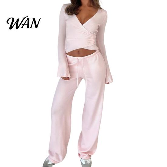 Relaxed Fit Leisure Outfits Women Sweatshirt Pants 2-Piece Set, V Neck Slim Top & High Fall Casual Clothing Waisted Wide Leg Trousers, Solid