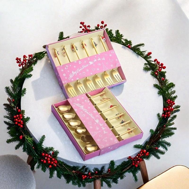 6 шт. Рождественские ложки Набор кофейных столовых приборов Набор столовых приборов из нержавеющей стали Десертная ложка Вилки Рождественские подарки Лось Рождественское украшение