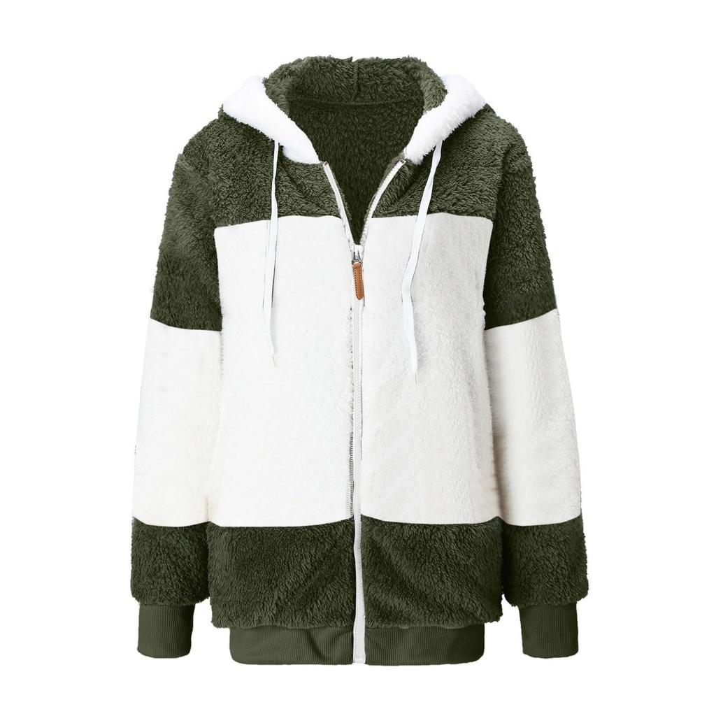 Women's Fashion Color Block Loose Long Sleeve Coat Hooded Plush Zip Jacket