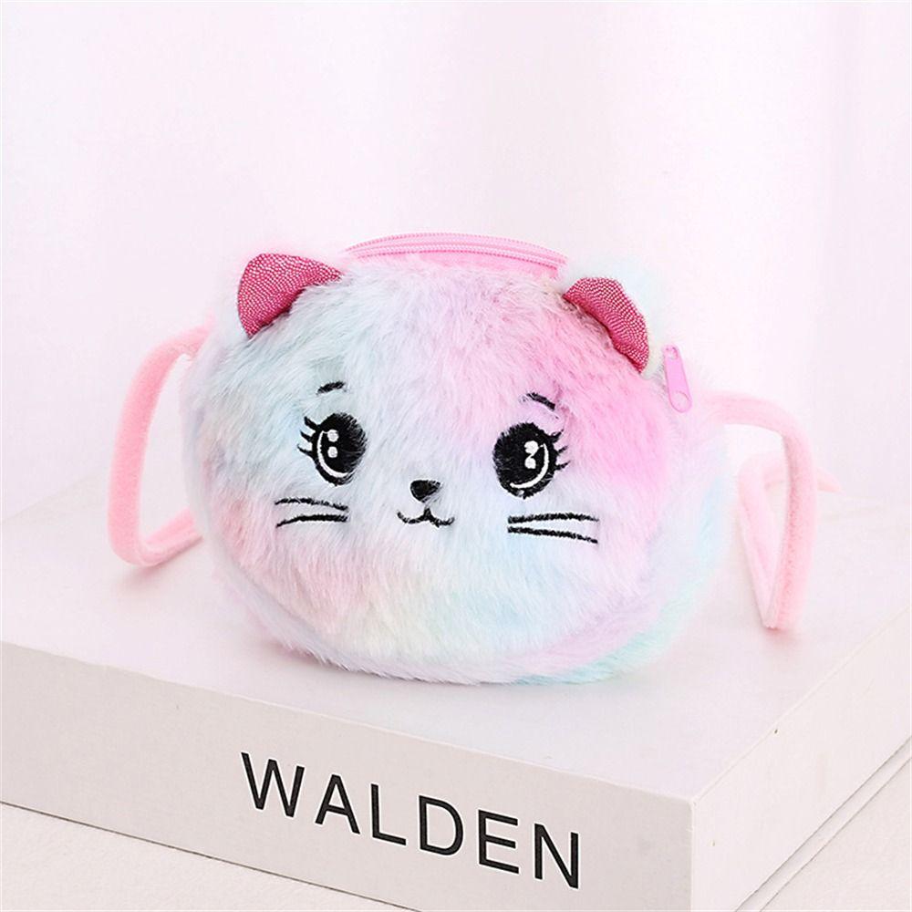 Rainbow Color Cat Messenger Shoulder Bag Purse for Kids Mini Lovely Pockets Plush Stuffed Dolls Soft Handbags Gift for Girls