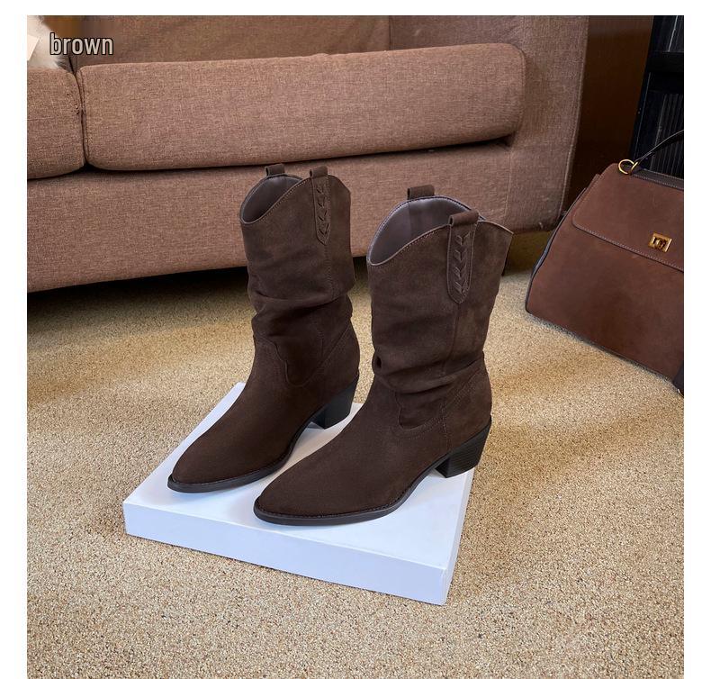 Binli Women's Autumn Brown Western Ankle Boots - Faux Leather Cowboy Style with Stacked Heel, European and American Fashion.