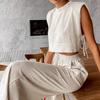 Cotton Linen Pants Sets Khaki Summer Women Two Piece Fashion Lace Up Crop Vacation Elastic Waist Loose Long Pants Suits