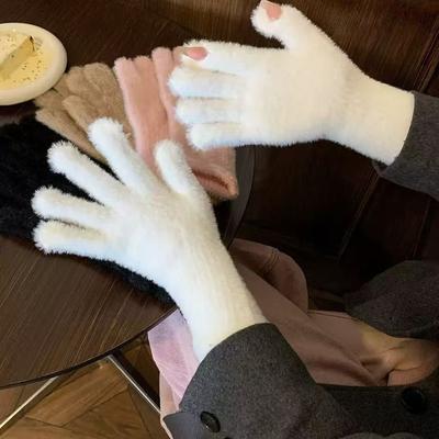 Зимние женские модные теплые и дырявые двупалые перчатки для мобильного телефона, пушистые студенческие, пишущие и защищающие от холода для верховой езды, сенсорного экрана, норковые перчатки