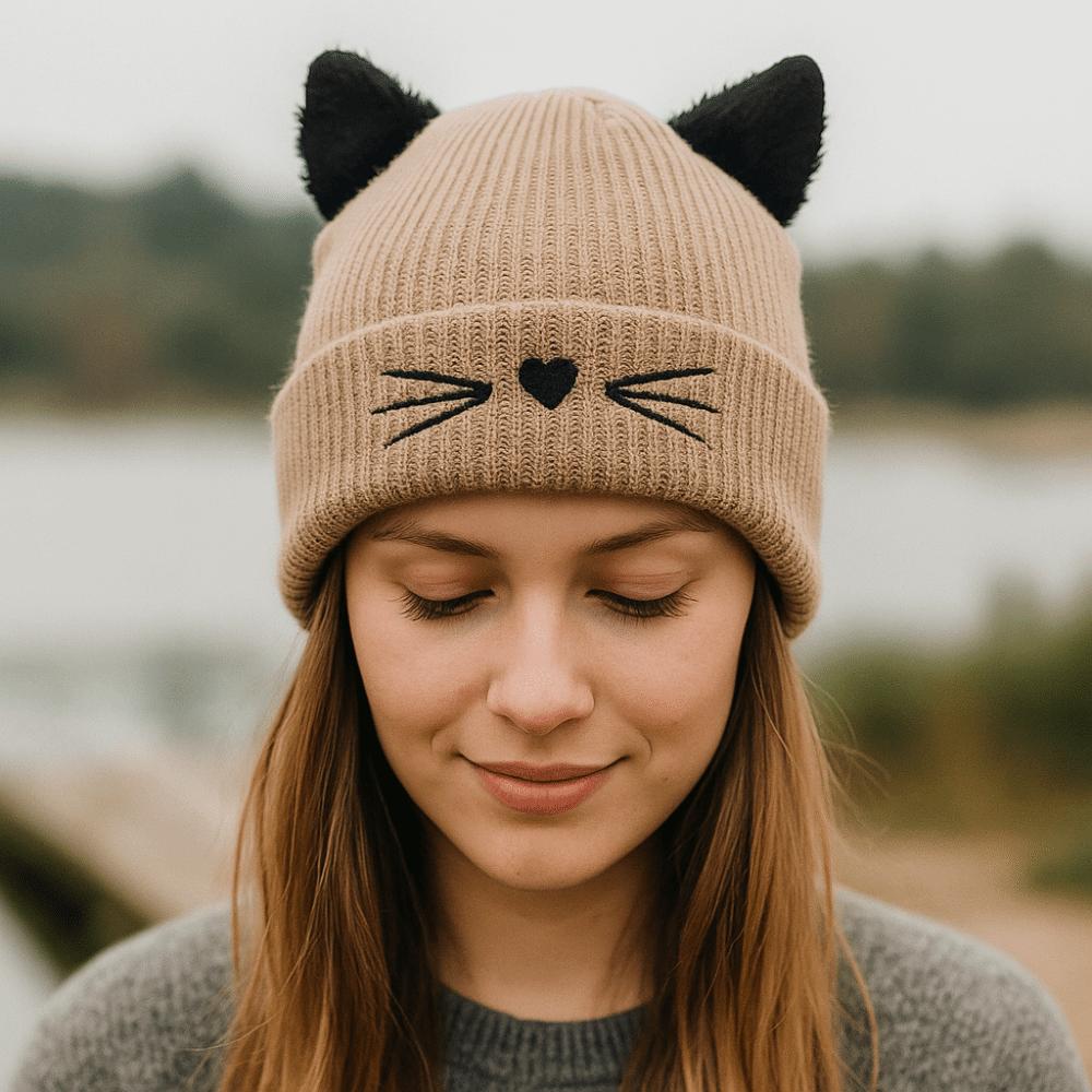 Warm Knitted Pullover Hat Solid Color Cold Hat Cute Cat Ears Beanies Winter