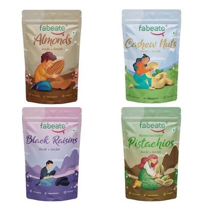Fabeato Премиальный Набор Сухофруктов и Орехов (4 x 200 г) Миндаль, Кешью, Фисташки, Черный изюм без косточек