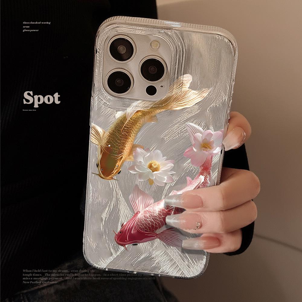 Чехол для телефона с узором «Карп на удачу» для iPhone 17 Pro 15 16 14 13 12 11 Pro Max 17e 16e 8 7 Plus XR XS X Серебристый Мягкий Ударопрочный Чехол