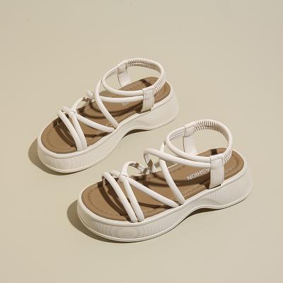 CRLAYDK Женские летние 2024 сандалии для ходьбы Эластичный ремешок на щиколотке Платформа Повседневная танкетка Мягкие кожаные шлепанцы Открытый носок Пляжная обувь