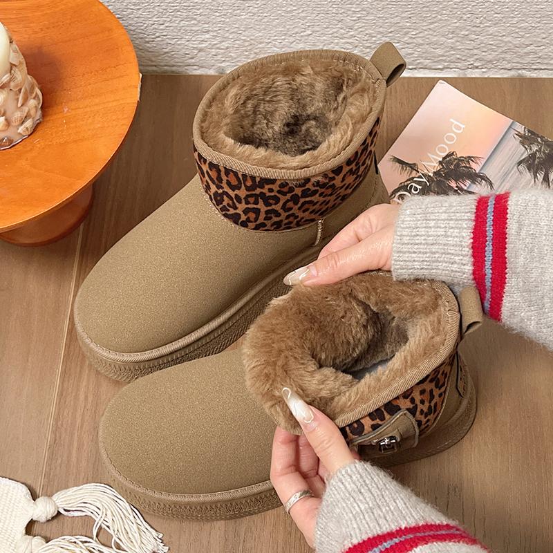 Lucyever Leopard Print Faux Suede Snow Boots Women Anti Slip Thicken Plush Winter Botas Mujer Platform Warm Ankle Boots Woman