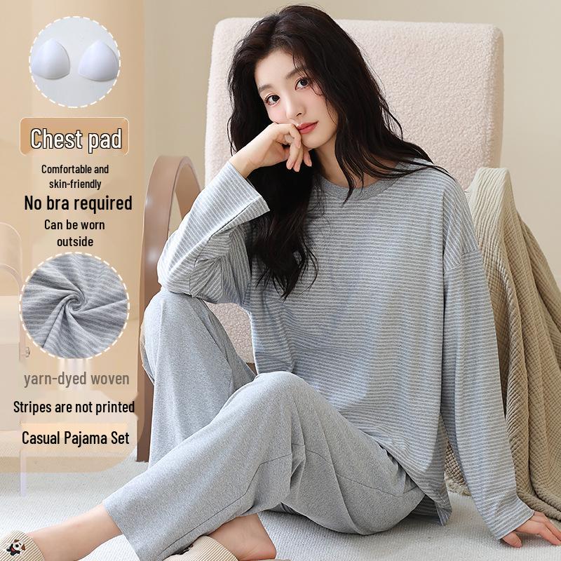 Женская осенняя пижама с круглым вырезом, в полоску, с длинным рукавом и нагрудными вкладышами - Повседневный комплект больших размеров для дома и улицы