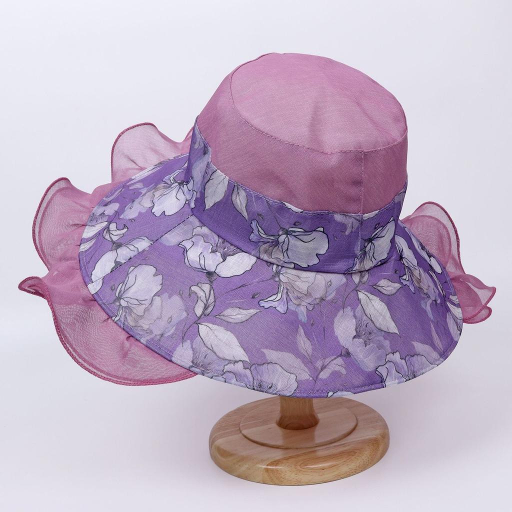 Printed double-layer wavy edge mesh yarn hat, fashionable and elegant vacation beach hat, large edge sun protection and sunshade cool hat