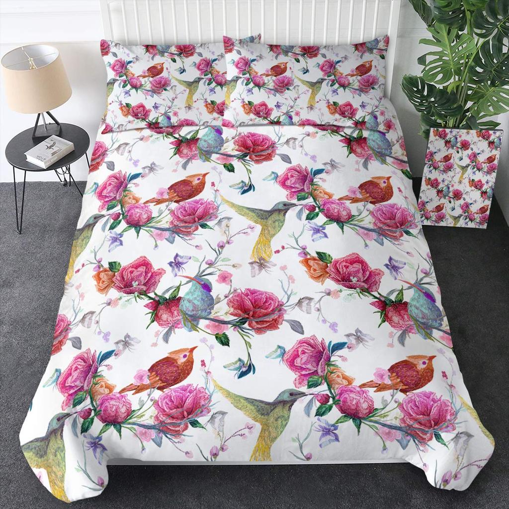 Shabby Chic Floral Duvet Cover Set Vintage Rose Butterfly Pattern Watercolor Flowers Bedding Set 2/3pcs,Botanical Comforter Sets