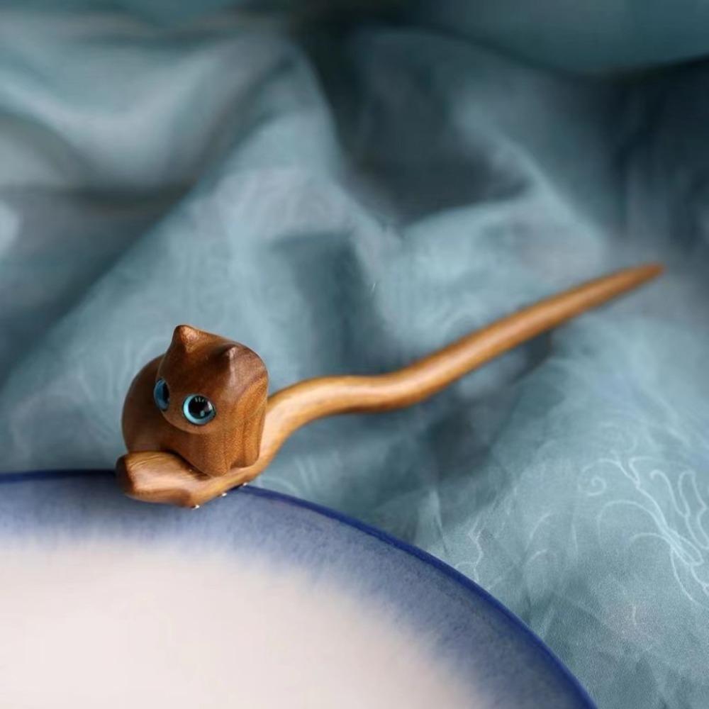 Wooden Sandalwood Cat Hairpin Vintage Blackwood Kitty Hair Stick Exquisite Boys/Girls