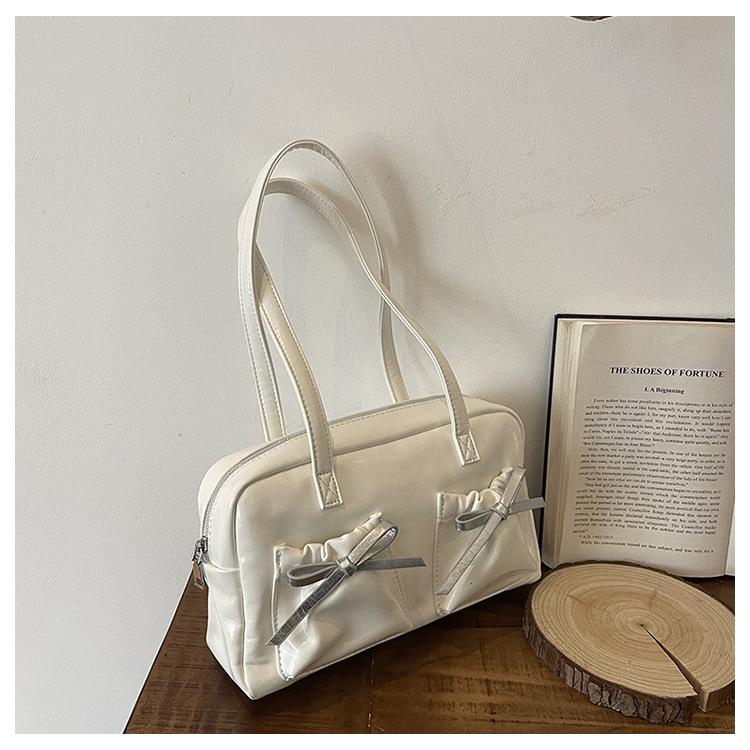 Simple Bow Women Bowling Shoulder Bags Thread Design Commuter Ladies Handbags Tote Solid Color College Style Girls Underarm Bag