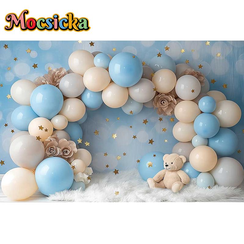 Mocsicka Фотофон для детского душа, торт-смэш, день рождения ребенка, арочный шар, медведь, облако, декорация, фон, фотостудия
