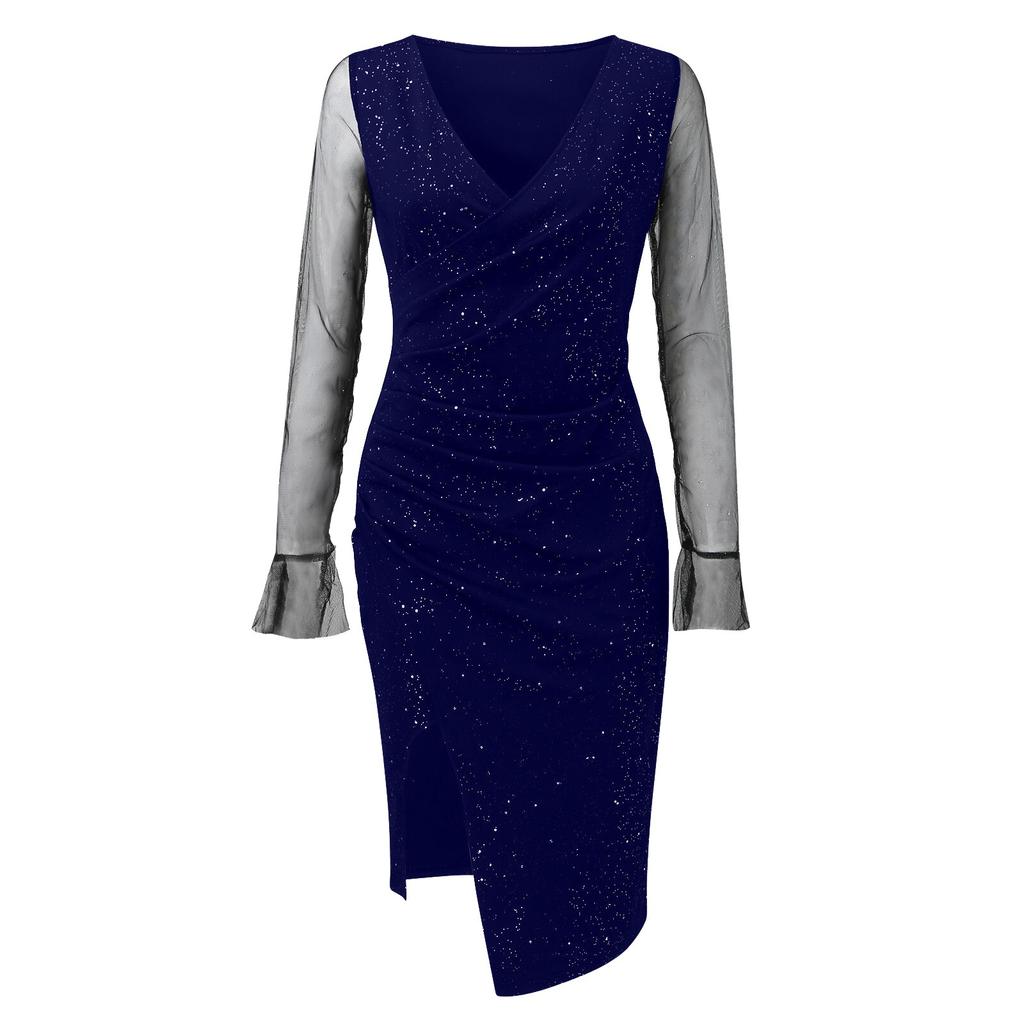 Женское сексуальное сетчатое платье с пайетками и длинным рукавом с v-образным вырезом и разрезом миди, вечернее клубное платье